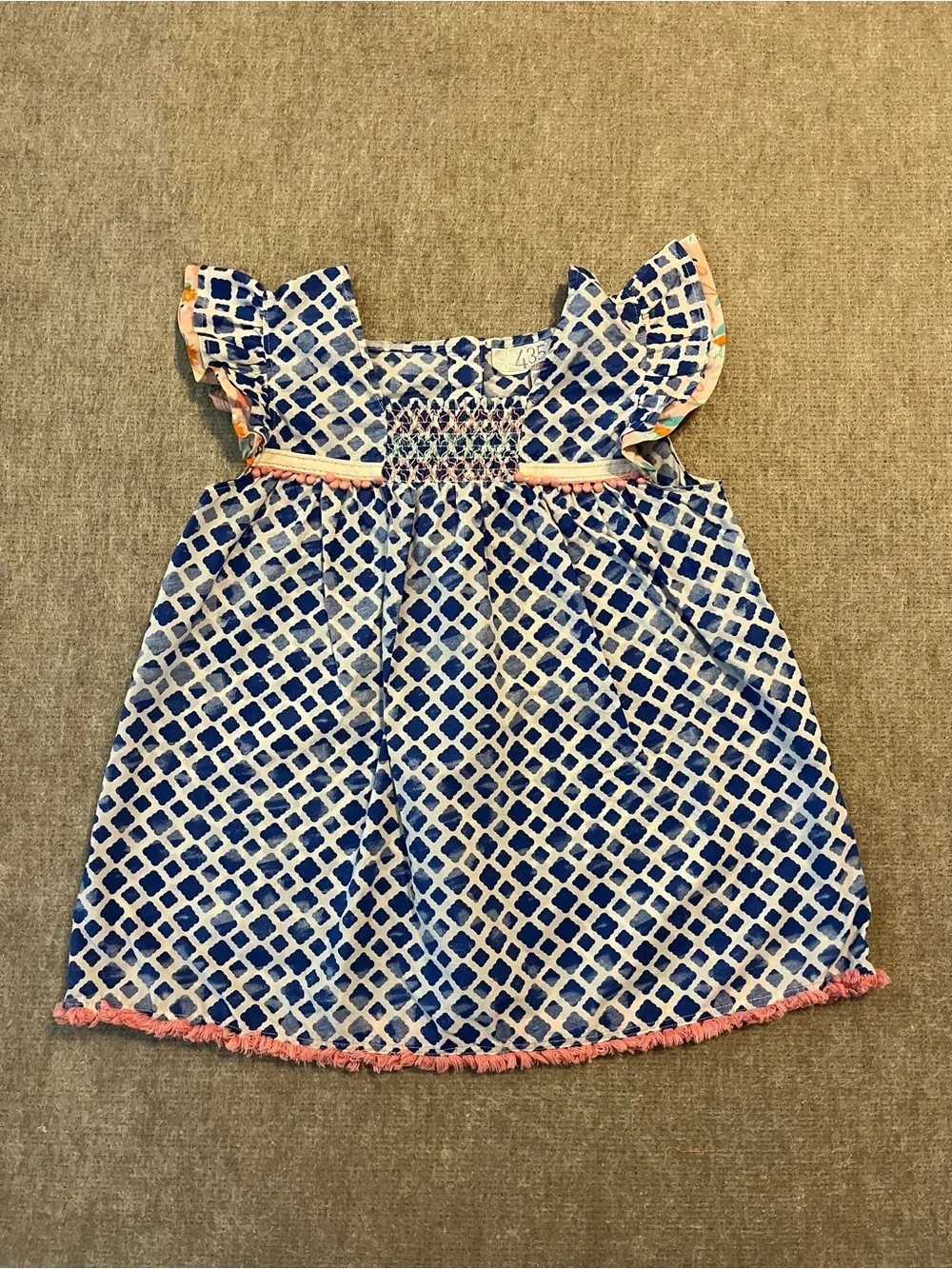 Matilda Jane Girls Size 12 Blue Geometric Flutter Sleeve Dress Pom Trim